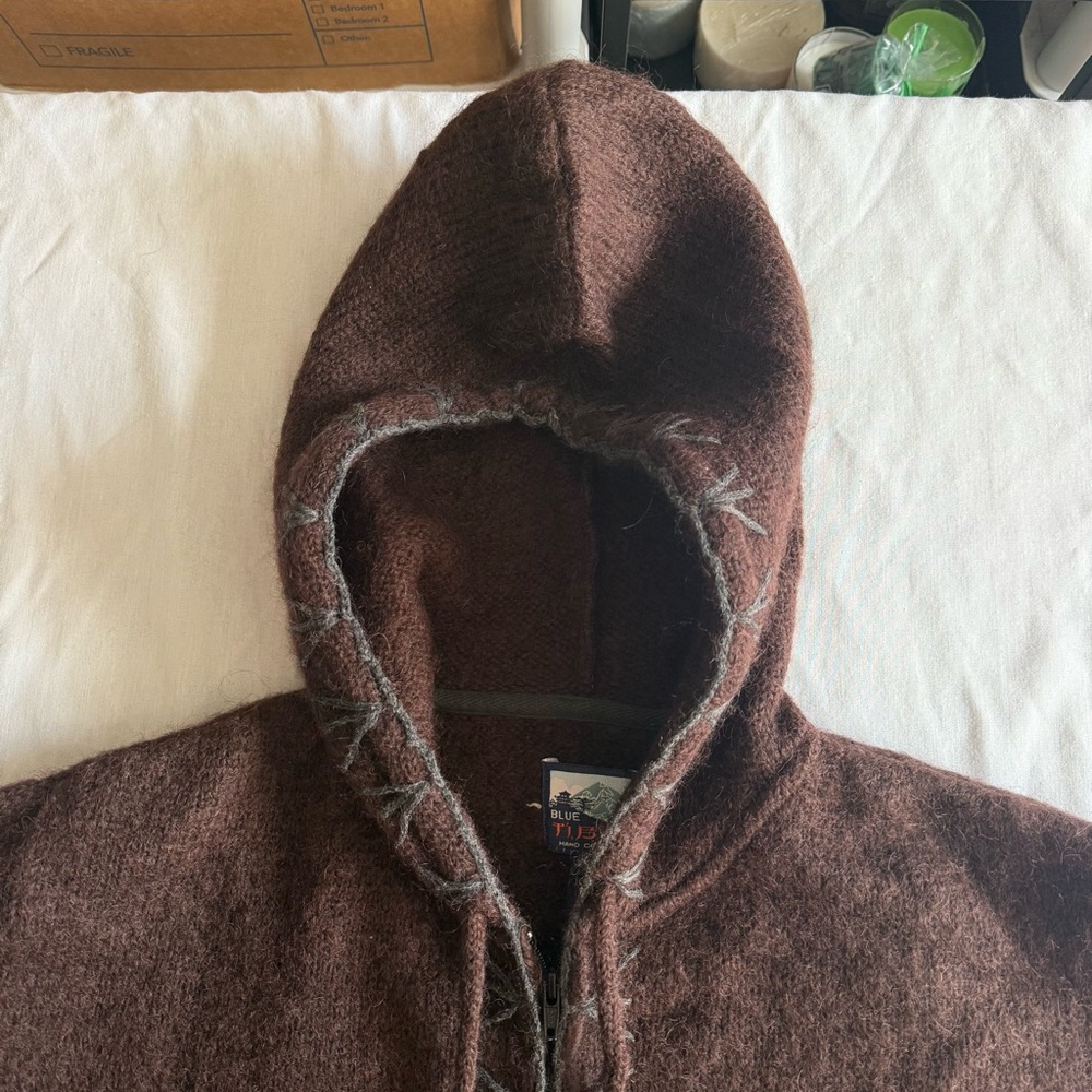 Full Zip Hooded Wool Sweater Mens Large Brown Western Native Cowichan Heavy - Picture 6 of 13